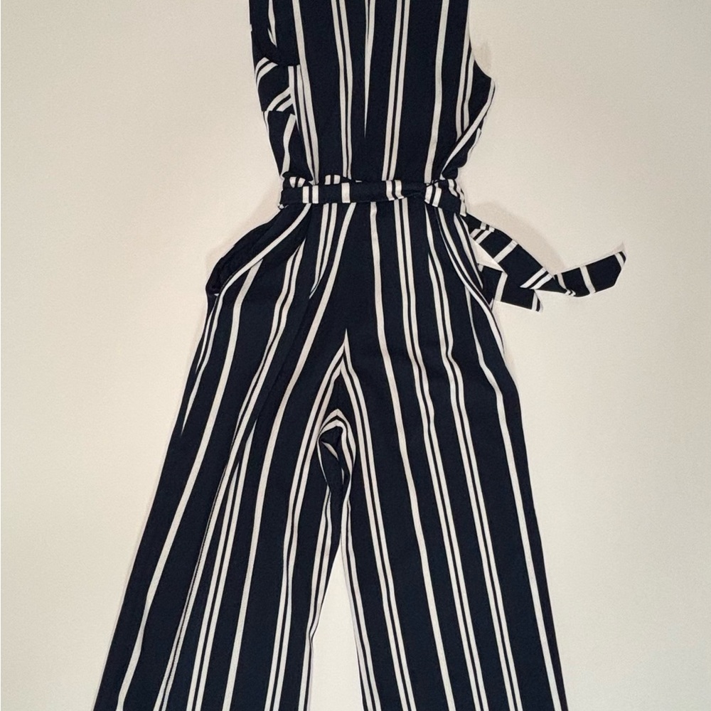 Navy Striped Ann Taylor Wide Leg Jumpsuit - Picture 3 of 6